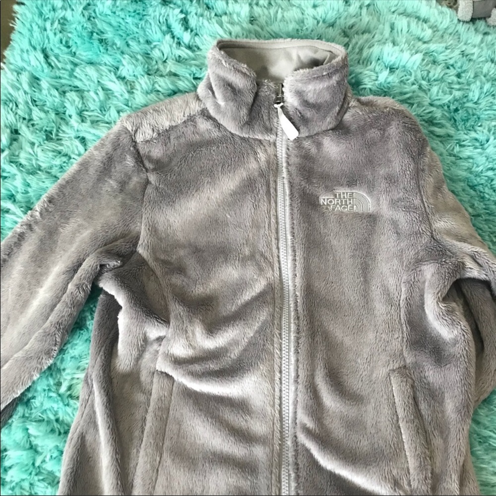 Gray fuzzy North Face jacket